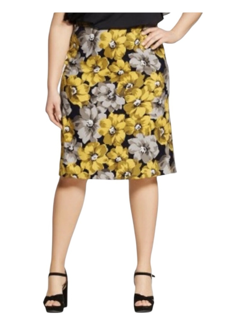 Who What Wear Yellow Floral Pencil Skirt with Black & Gray Bloom